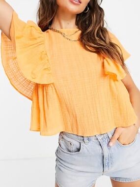 ASOS DESIGN Women's Flutter Sleeve Textured Peasant Top - Orange